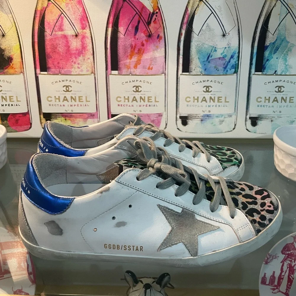 Golden Goose Super-Star with multi-color leopard-print and blue heel tab - Picture 1 of 8